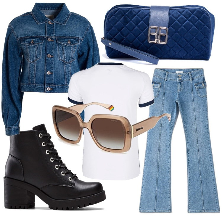 Outfit donna - L\'estate sta arrivando. Stile Urban per Mare. Abbinamento con stivaletti, jeans a zampa, giacche, pochette, t-shirt, occhiali da sole.