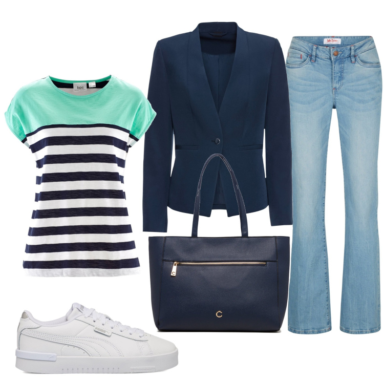 Outfit donna - Il casual chic everyday. Stile Casual chic per Tutti i giorni. Abbinamento con blazer, jeans bootcut, t-shirt, borse a spalla, sneakers.