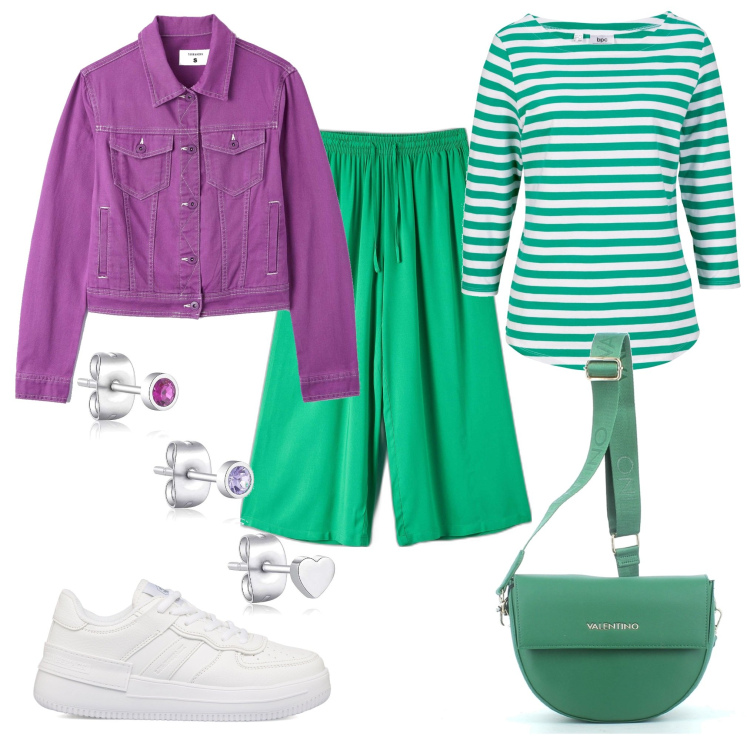 Outfit donna - Spring. Stile Casual per Tutti i giorni. Abbinamento con maglieria, pantaloni a palazzo, blazer, orecchini, borse a tracolla, sneakers.