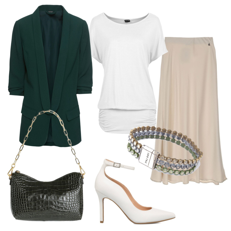 Outfit donna - A cena fuori. Stile Vintage retrò per Serata fuori. Abbinamento con maglieria, blazer, borse a mano, braccialetti, gonne longuette, décolleté.