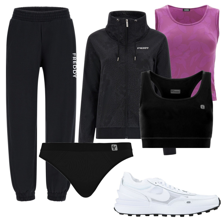 Outfit donna - In tutta comodità. Stile Basic per Sport. Abbinamento con sneakers, perizomi, felpe, top, reggiseni, pantaloni.
