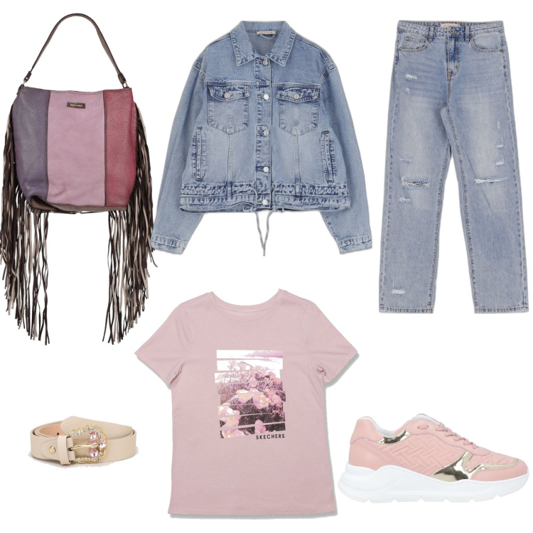 Outfit donna - Look sfizioso, colori delicati. Stile Urban per Tutti i giorni. Abbinamento con sneakers, borse a mano, giacche, jeans dritti, cinture, t-shirt.