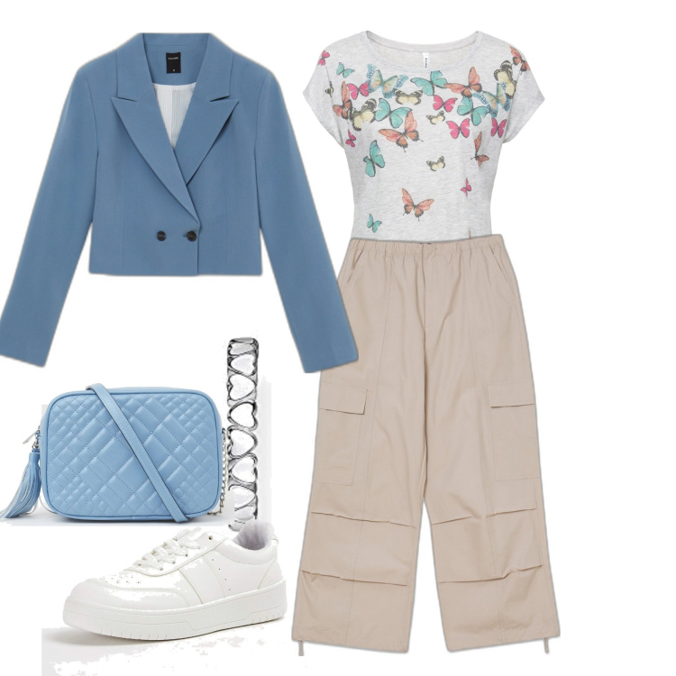 Outfit donna - Cuori e farfalle. Stile Trendy per Tutti i giorni. Abbinamento con maglieria, sneakers, blazer, borse a tracolla, pantaloni cargo, orecchini.