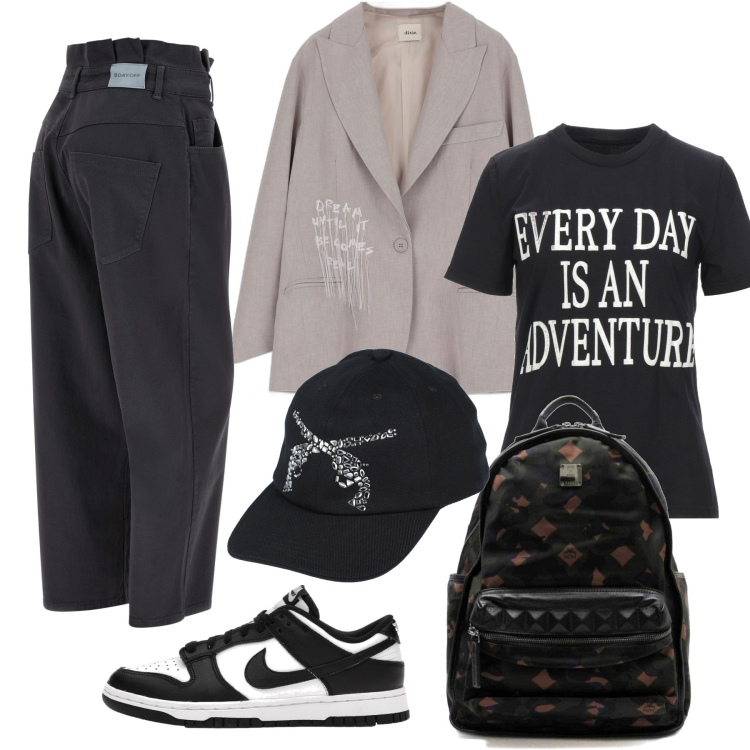 Outfit donna - Casual stiloso. Stile Casual chic per Tutti i giorni. Abbinamento con cappelli con visiera, t-shirt, sneakers, zaini, jeans, giacche.