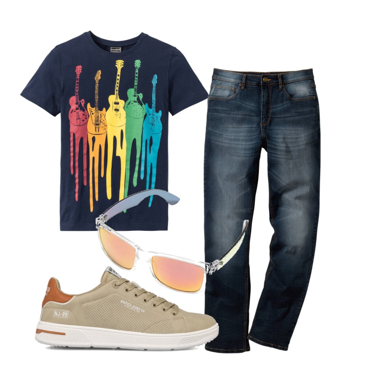 Outfit uomo - Colori. Stile Casual per Tutti i giorni. Abbinamento con jeans dritti, t-shirt, sneakers, occhiali da sole.