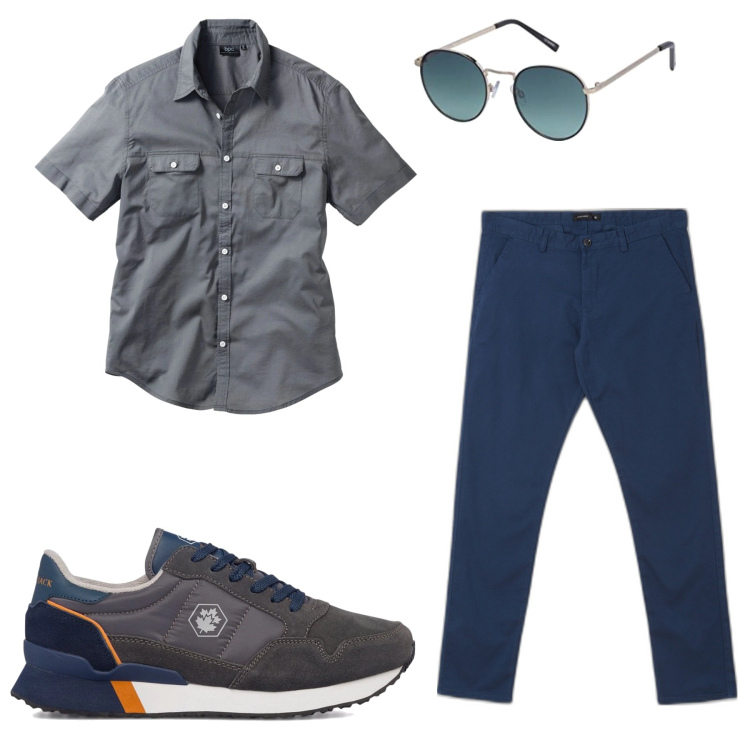 Outfit uomo - Aprile23. Stile Casual per Tutti i giorni. Abbinamento con camicie a manica corta, pantaloni chino, sneakers, occhiali da sole.