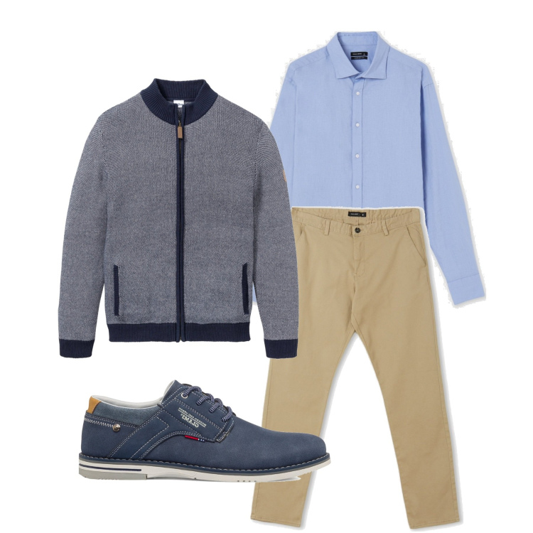 Outfit uomo - Fresco di sera. Stile Casual per Tutti i giorni. Abbinamento con cardigans, pantaloni chino, camicie, scarpe stringate.