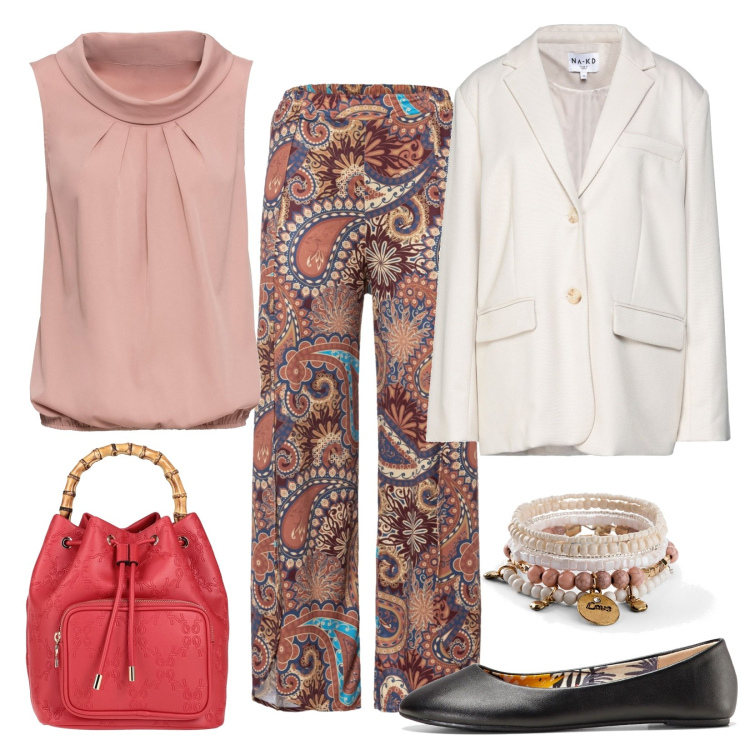 Outfit donna - Con le ballerine. Stile Etnico per Tutti i giorni. Abbinamento con top, ballerine, braccialetti, pantaloni, blazer, borse a mano.
