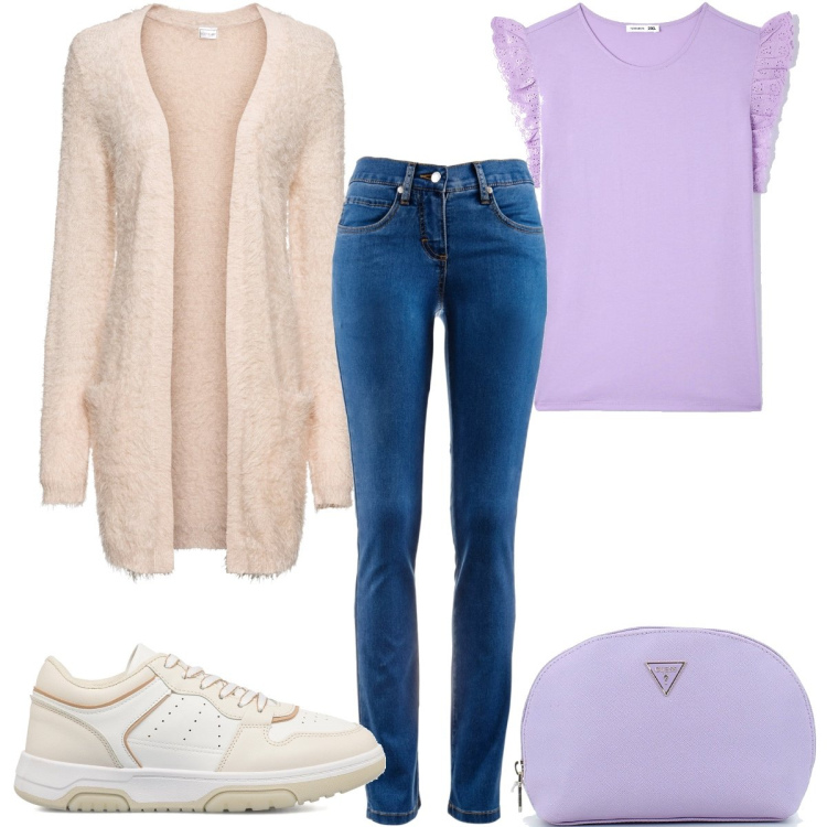 Outfit donna - Il cardigan teddy. Stile Casual per Tutti i giorni. Abbinamento con jeans dritti, cardigans, t-shirt, pochette, sneakers.