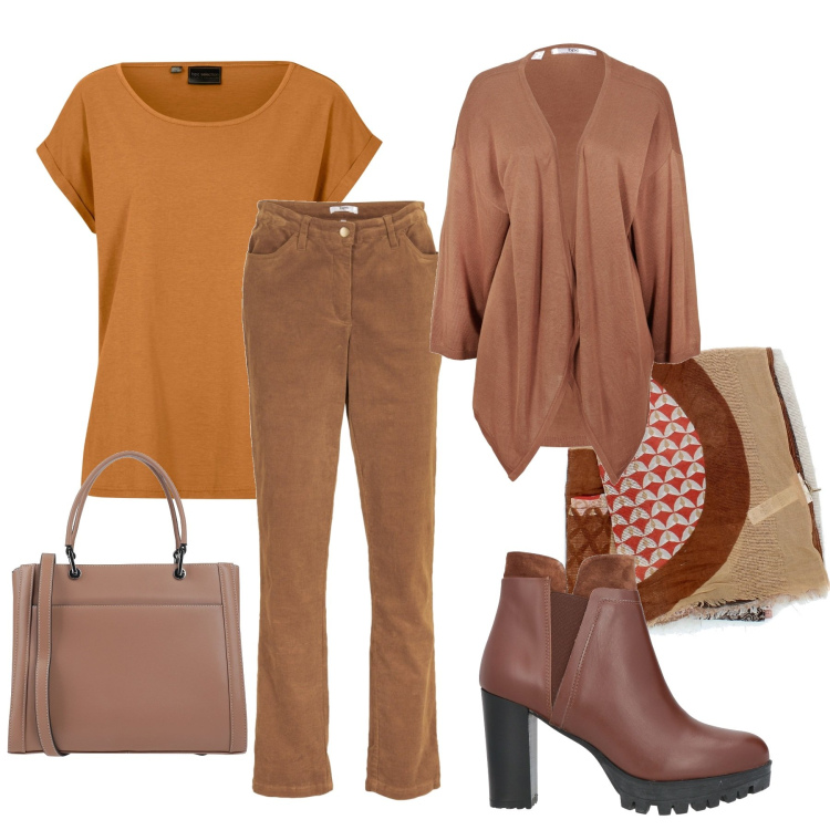 Outfit donna - Toni marroni. Stile Casual chic per Tutti i giorni. Abbinamento con pantaloni, maglieria, pantaloni, stivaletti chelsea, borse a mano, sciarpe.