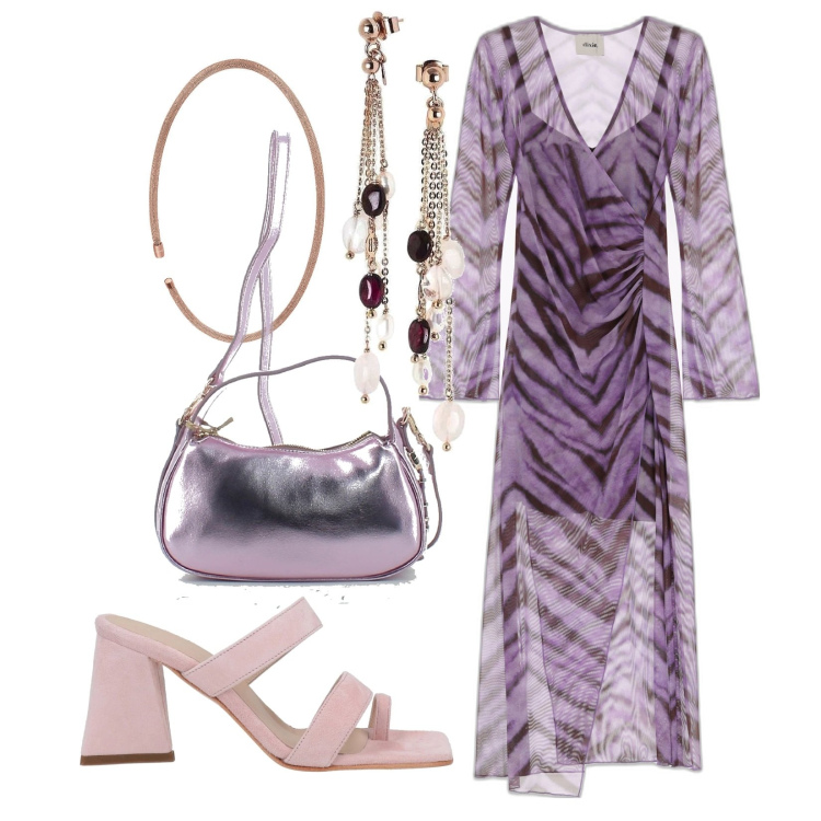 Outfit donna - Trasparenza animalier. Stile Glamour per Serata fuori. Abbinamento con orecchini, collane, borse a tracolla, vestiti midi/longuette, infradito.
