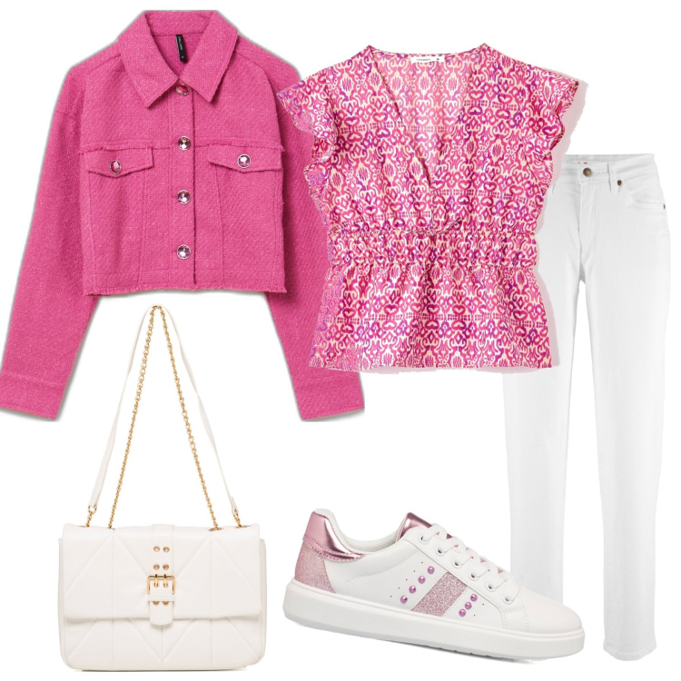 Outfit donna - Rosa e bianco. Stile Casual per Tutti i giorni. Abbinamento con jeans mom, bluse, giacche, sneakers, borse a tracolla.