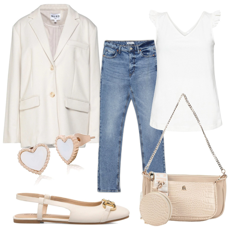 Outfit donna - Must have:il blazer bianco. Stile Casual chic per Ufficio. Abbinamento con top, borse a mano, blazer, orecchini, jeans, ballerine.