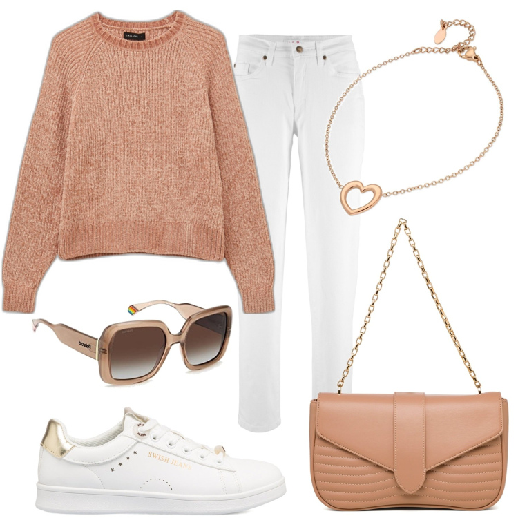 Outfit donna - Minimal chic. Stile Casual chic per Tutti i giorni. Abbinamento con jeans mom, braccialetti, maglieria, sneakers, borse a tracolla, occhiali da sole.