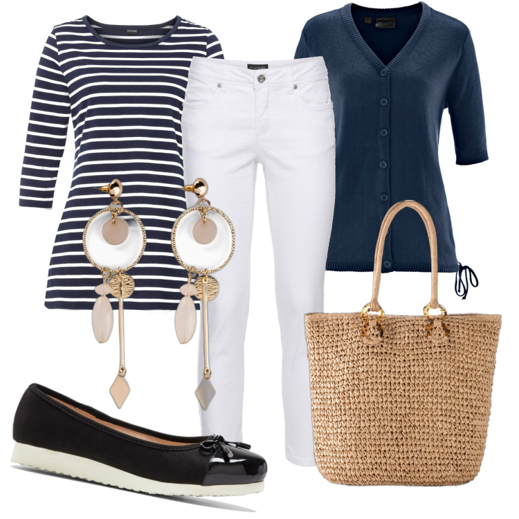 Outfit donna - Il mare a primavera. Stile Casual chic per Tutti i giorni. Abbinamento con orecchini, ballerine, maglieria, shopping bag, cardigans, pantaloni.