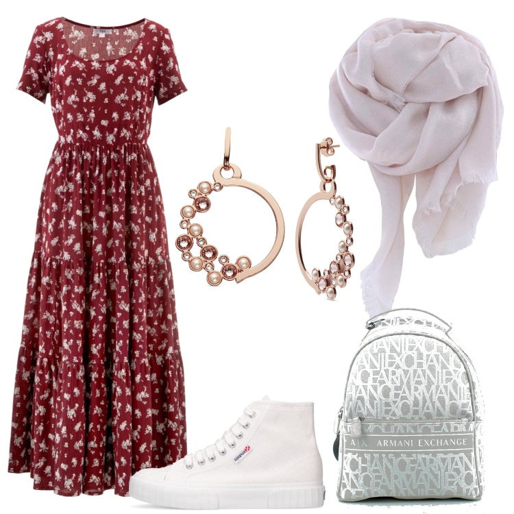 Outfit donna - Vestito rosso floreale. Stile Bon Ton per Tutti i giorni. Abbinamento con vestiti lunghi, orecchini, zaini, foulard, sneakers alte.