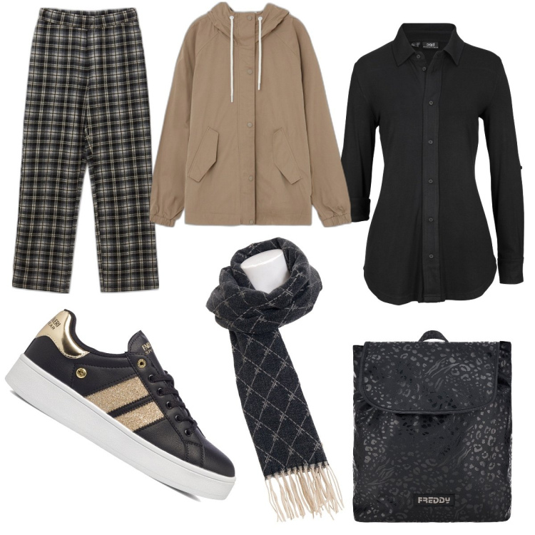 Outfit donna - Passeggiata. Stile Casual per Tutti i giorni. Abbinamento con camicie, sciarpe, giacche, pantaloni a palazzo, zaini, sneakers.