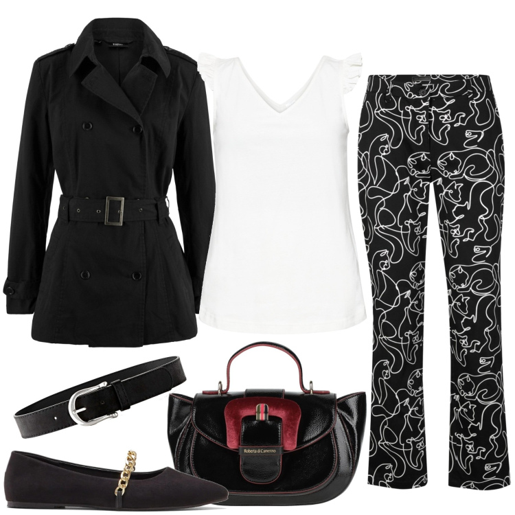 Outfit donna - Un primaverile black and white. Stile Chic per Tutti i giorni. Abbinamento con top, cinture, pantaloni, trench, ballerine, borse a mano.