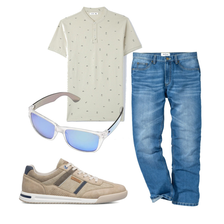 Outfit uomo - In giro. Stile Casual per Tutti i giorni. Abbinamento con jeans dritti, t-shirt, sneakers, occhiali da sole.