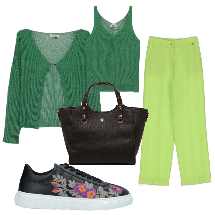 Outfit donna - La sneaker ricamata. Stile Basic per Tutti i giorni. Abbinamento con borse a mano, cardigans, pantaloni, canottiere, sneakers.