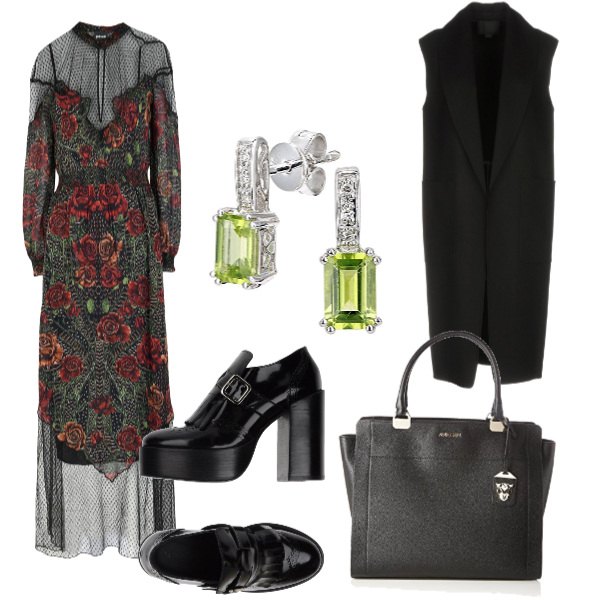 Outfit donna - Il vestito a fiori. Stile Trendy per Serata fuori. Abbinamento con mocassini con frange e tacco squadrato con punta tonda tinta unita, soprabito collo con revers interno sfoderato tinta unita, vestito lungo, orecchini in oro bianco, borsa a secchiello nero.