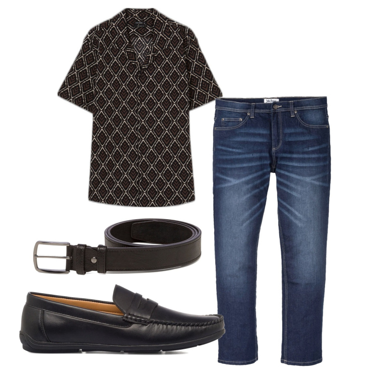 Outfit uomo - In giro. Stile Casual per Tutti i giorni. Abbinamento con jeans dritti, camicie a manica corta, cinture, scarpe stringate.