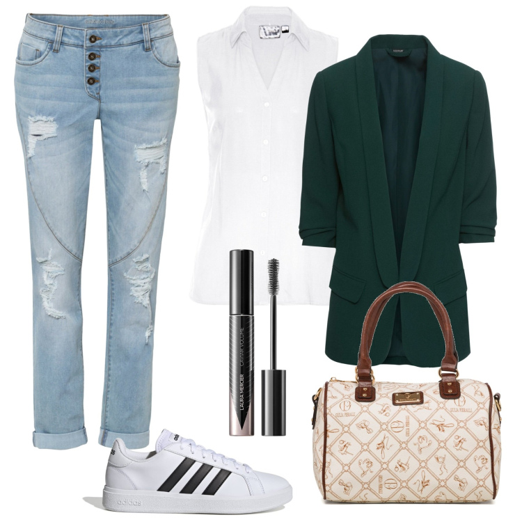 Outfit donna - Una Giacca verde bottiglia. Stile Casual chic per Tutti i giorni. Abbinamento con blazer, jeans boyfriend, camicie, sneakers, borse a mano, mascara.