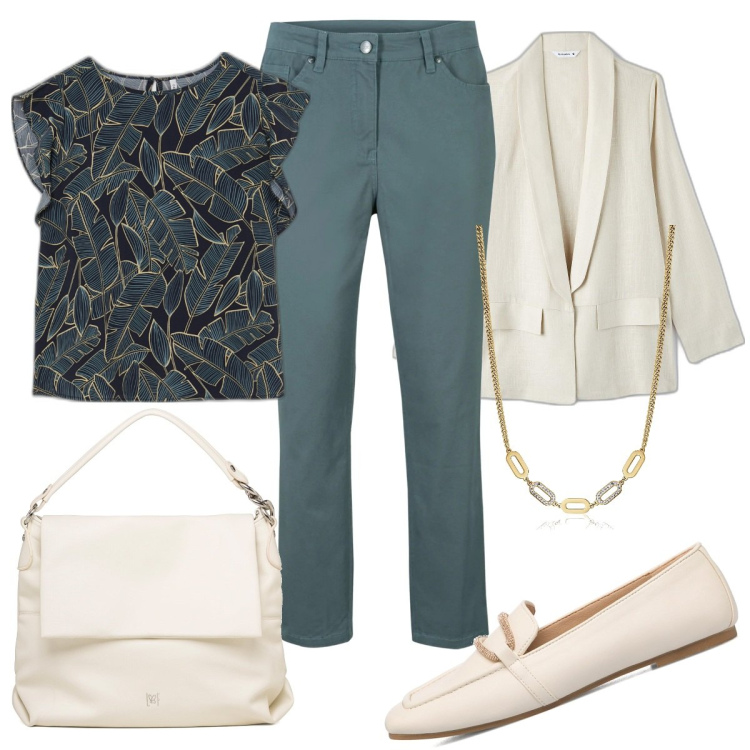 Outfit donna - bluse e giacca per l\'ufficio. Stile Casual per Tutti i giorni. Abbinamento con pantaloni, blazer, collane, bluse, mocassini, borse a spalla.