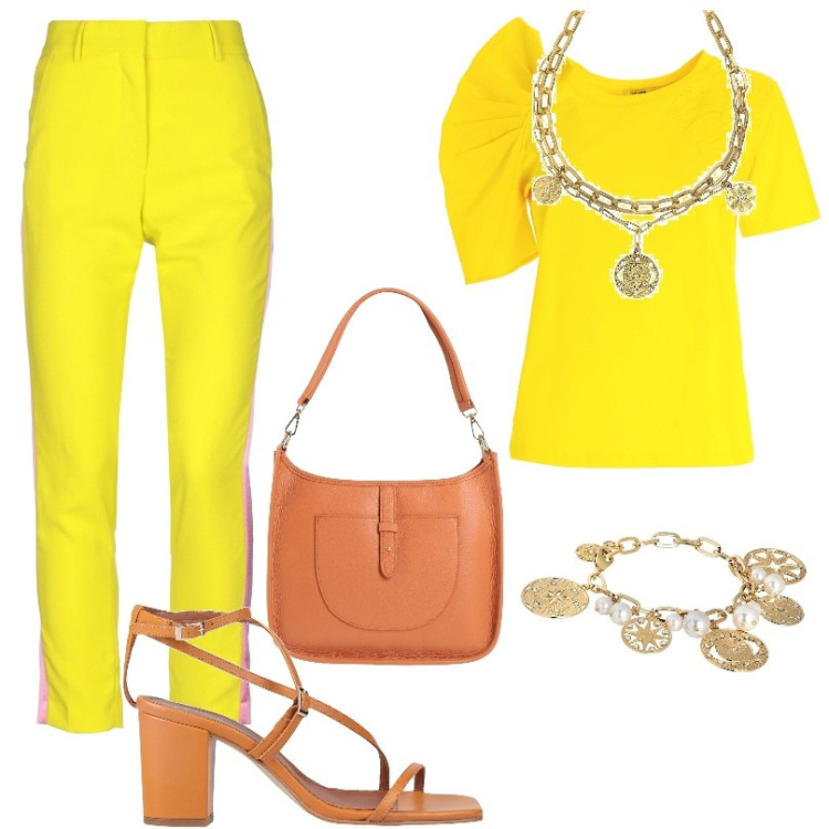 Outfit donna - Gioielli punto luce. Stile Urban per Ufficio. Abbinamento con pantaloni, borse a spalla, sandali in pelle, t-shirt, braccialetti, ciondoli.