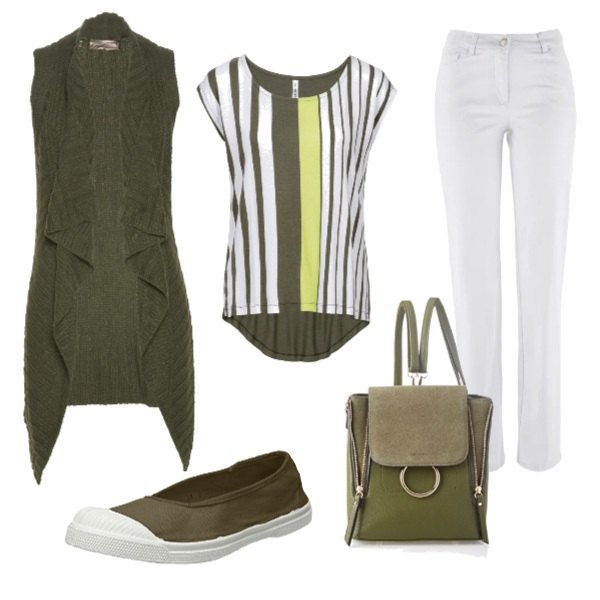Outfit donna - CMPS Prime mattinate di fresco. Stile Basic per Tutti i giorni. look ideale per Petite. Abbinamento con pantaloni, maglia fantasia, gilet in in maglia verde e corda, borsa a tracolla verde e oliva, ballerine tennis.