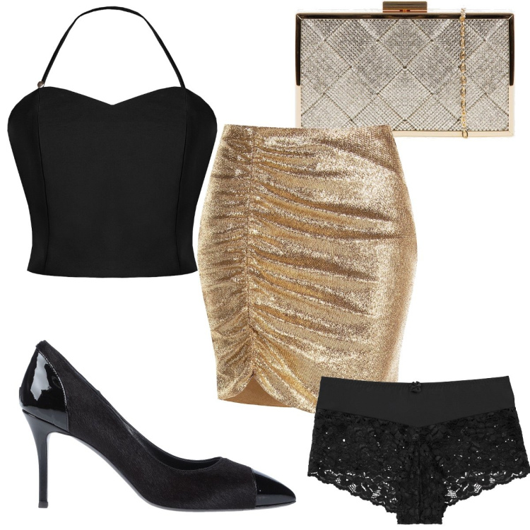 Outfit donna - Una gonna sexy. Stile Sexy per Serata fuori. Abbinamento con culotte, décolleté, minigonne, top, clutch.