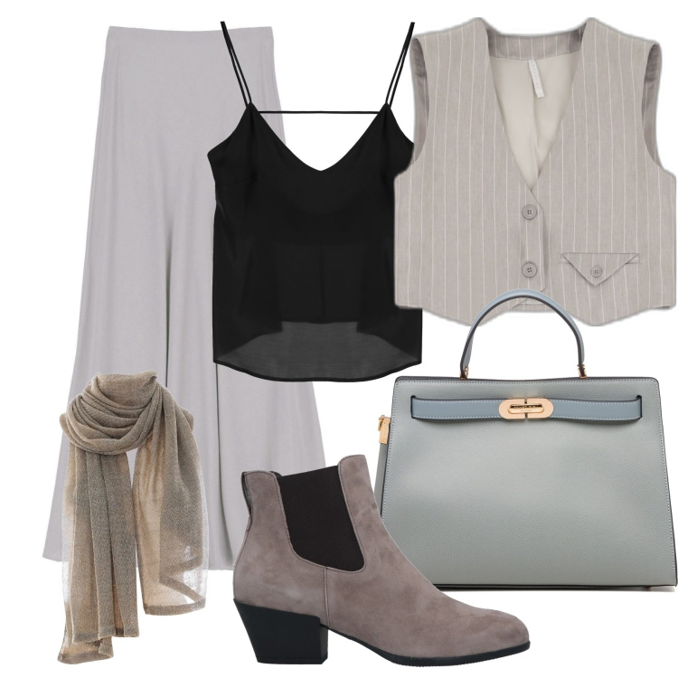 Outfit donna - Chic con stivaletto. Stile Trendy per Tutti i giorni. Abbinamento con stivaletti chelsea, gilet, canottiere, stole, borse a mano, gonne lunghe.