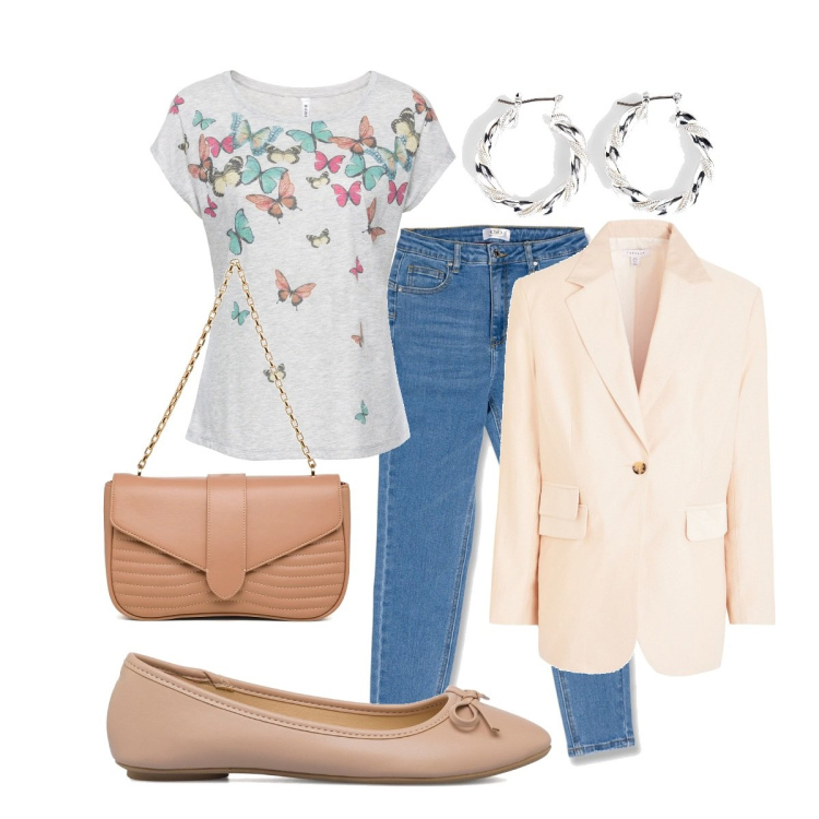 Outfit donna - La ballerina cioccolato. Stile Mannish per Tutti i giorni. Abbinamento con blazer, maglieria, orecchini, jeans skinny, ballerine, borse a tracolla.