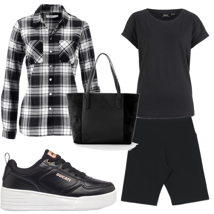 Outfit donna - Total look #1604114. Stile Trendy per Tutti i giorni. Abbinamento con camicie, t-shirt, shopping bag, pantaloni corti, sneakers alte.