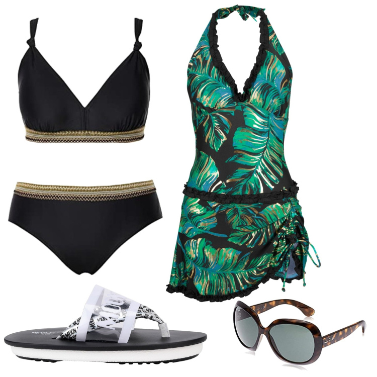 Outfit donna - Prepariamoci per una giornata al mare. Stile Trendy per Mare. Abbinamento con vestiti da spiaggia, infradito, bikini, occhiali da sole.