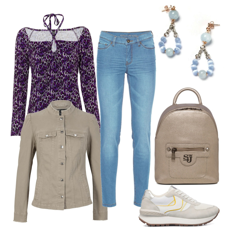 Outfit donna - Un pomeriggio di shopping. Stile Casual chic per Tutti i giorni. Abbinamento con jeans skinny, maglieria, blazer, orecchini, sneakers, zaini.