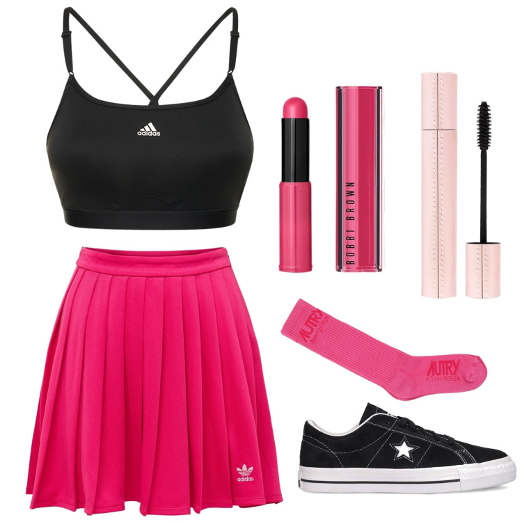 Outfit donna - Sporty chic. Stile Sporty chic per Sport. Abbinamento con gonne, mascara, rossetti, calzini, top, sneakers.