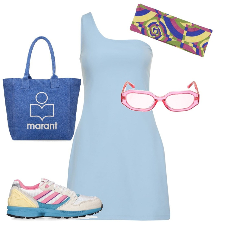 Outfit donna - Oxygen. Stile Casual per Tutti i giorni. Abbinamento con sneakers, occhiali da sole, fasce per capelli, vestiti asimmetrici, shopping bag.