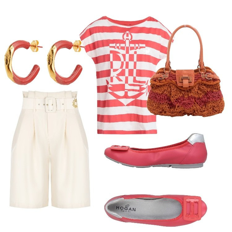 Outfit donna - Le ballerine un must have. Stile Urban per Tutti i giorni. Abbinamento con ballerine, t-shirt, orecchini, borse a mano, bermuda.