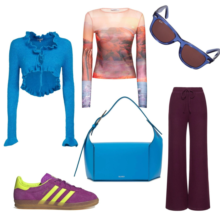 Outfit donna - Total look #1604306. Stile Sporty chic per Scuola/Università. Abbinamento con sneakers, maglieria, t-shirt, occhiali da sole, borse a spalla, pantaloni.