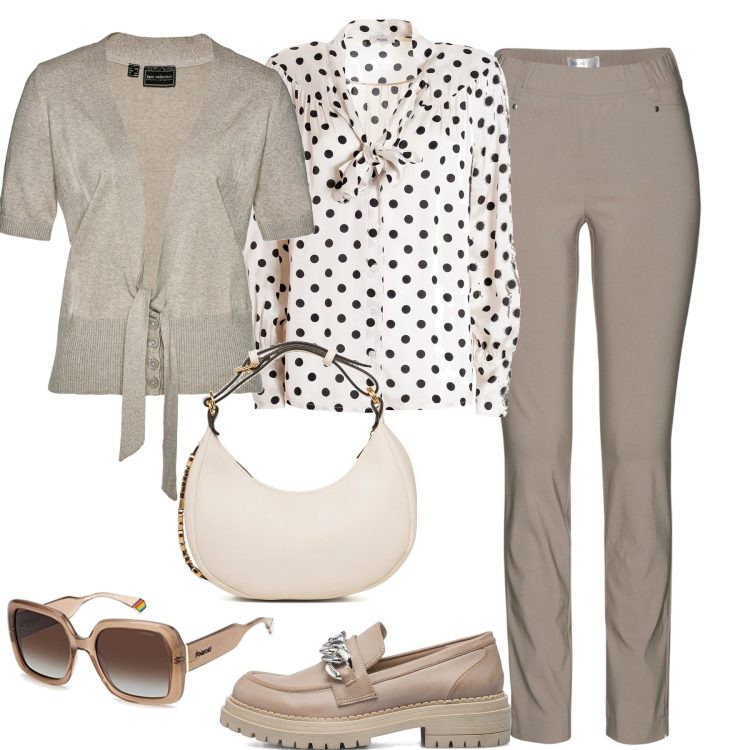 Outfit donna - In ufficio. Stile Casual chic per Ufficio. Abbinamento con pantaloni, cardigans, bluse, mocassini, borse a mano, occhiali da sole.