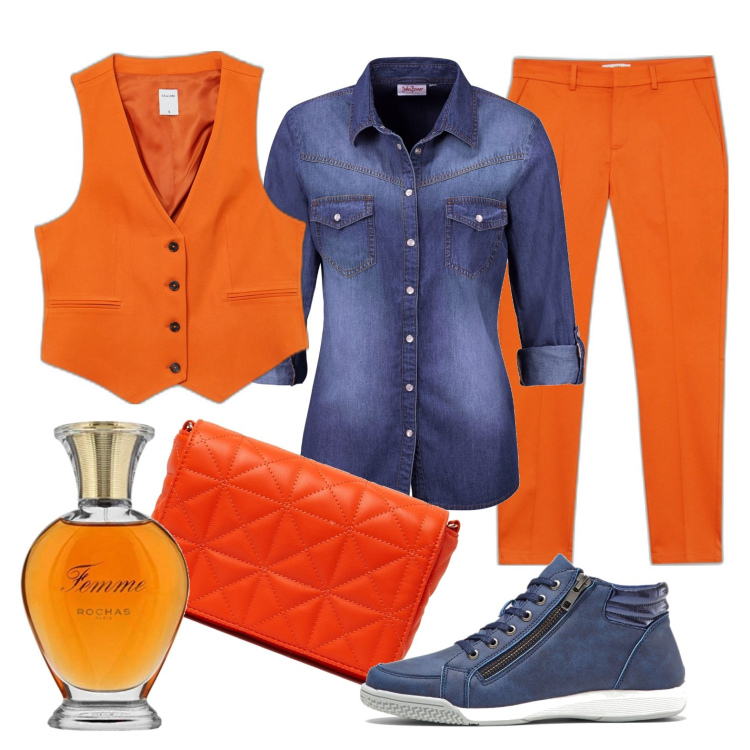 Outfit donna - Arancio e jeans. Stile Casual per Tutti i giorni. Abbinamento con camicie, sneakers alte, pantaloni capri, gilet, borse a spalla, profumi.