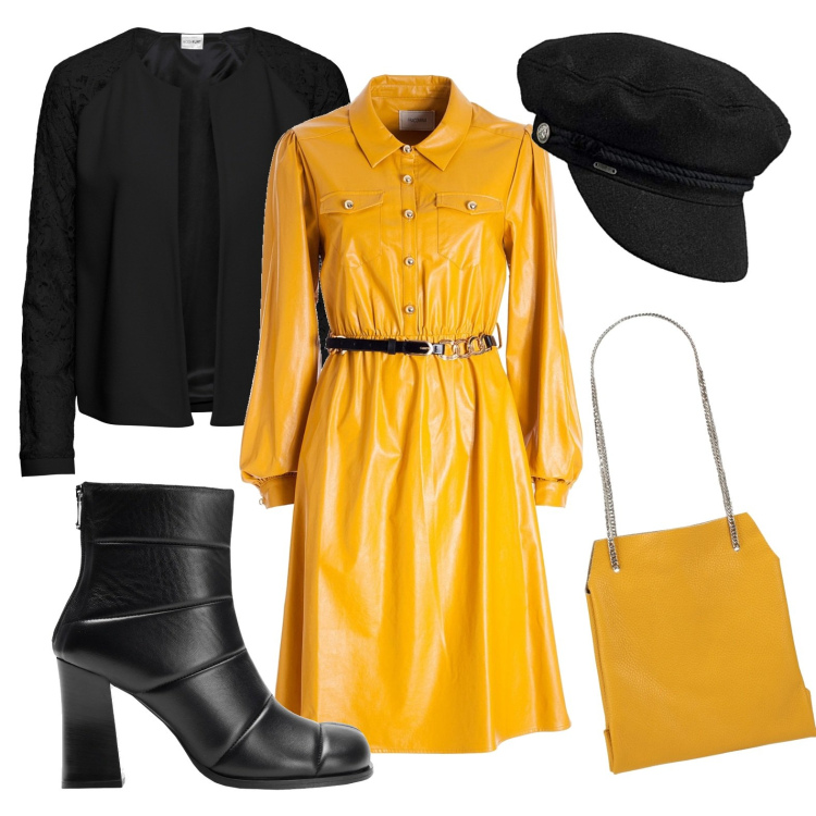 Outfit donna - Y&B. Stile Casual chic per Tutti i giorni. Abbinamento con blazer, stivaletti, borse a mano, vestiti chemisier, cappelli con visiera.