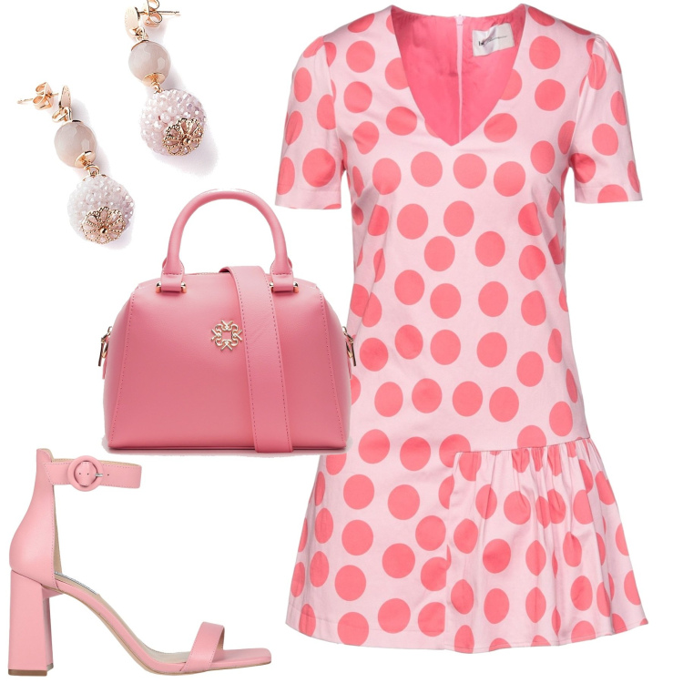 Outfit donna - A pois. Stile Basic per Cerimonia. Abbinamento con sandali col tacco, vestiti corti, borse a mano, orecchini.