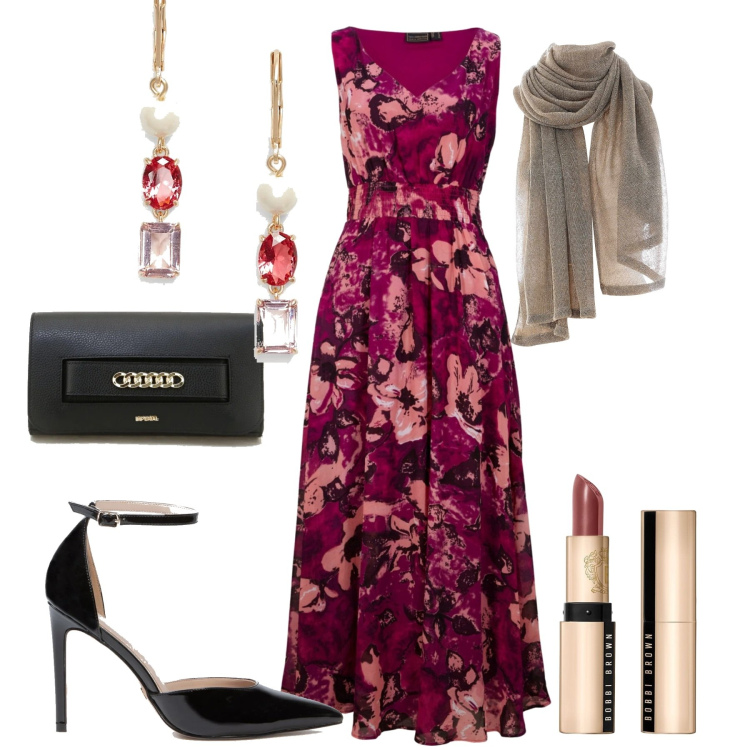 Outfit donna - Serata. Stile Glamour per Serata fuori. Abbinamento con vestiti lunghi, scarpe col tacco, pochette, orecchini, stole, rossetti.