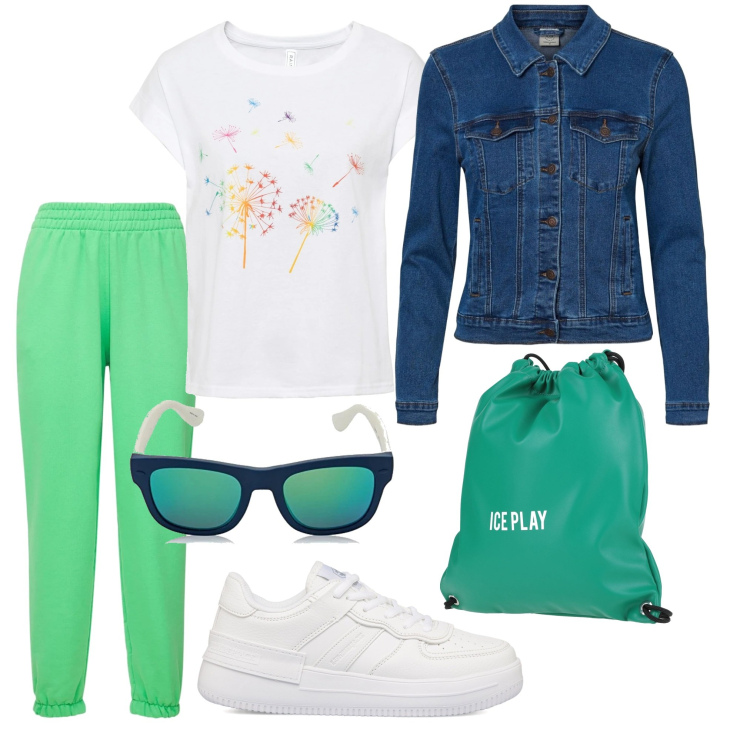 Outfit donna - In giro comoda. Stile Casual per Tutti i giorni. Abbinamento con t-shirt, zaini, giacche, sneakers, pantaloni, occhiali da sole.