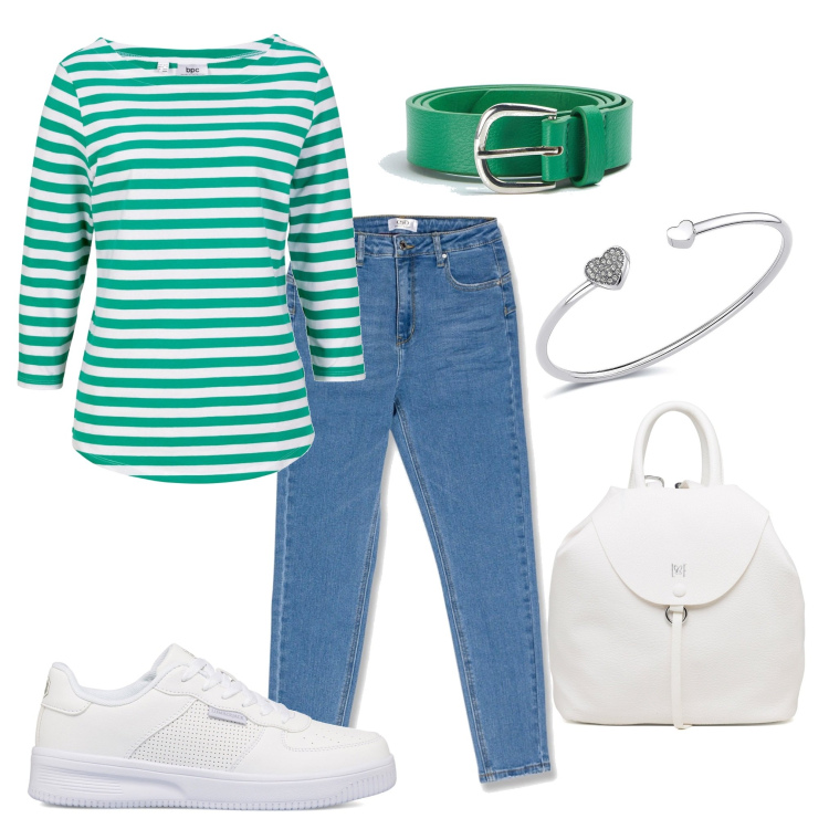 Outfit donna - Total look #1604657. Stile Casual per Tutti i giorni. Abbinamento con maglieria, cinture, braccialetti, sneakers, zaini, jeans skinny.