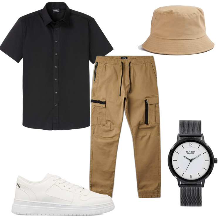 Outfit uomo - Total look #1604666. Stile Casual per Tutti i giorni. Abbinamento con camicie a manica corta, pantaloni cargo, cappelli con visiera, sneakers, orologi analogici.