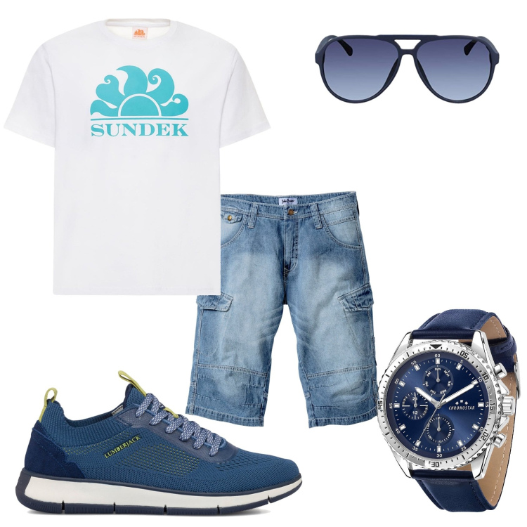 Outfit uomo - In libertà comoda. Stile Casual per Tutti i giorni. Abbinamento con bermuda, orologi, sneakers, t-shirt, occhiali da sole.