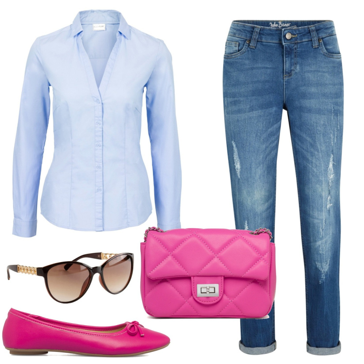 Outfit donna - Stile immediato. Stile Casual per Tutti i giorni. Abbinamento con camicie, jeans boyfriend, occhiali da sole, ballerine, borse a tracolla.